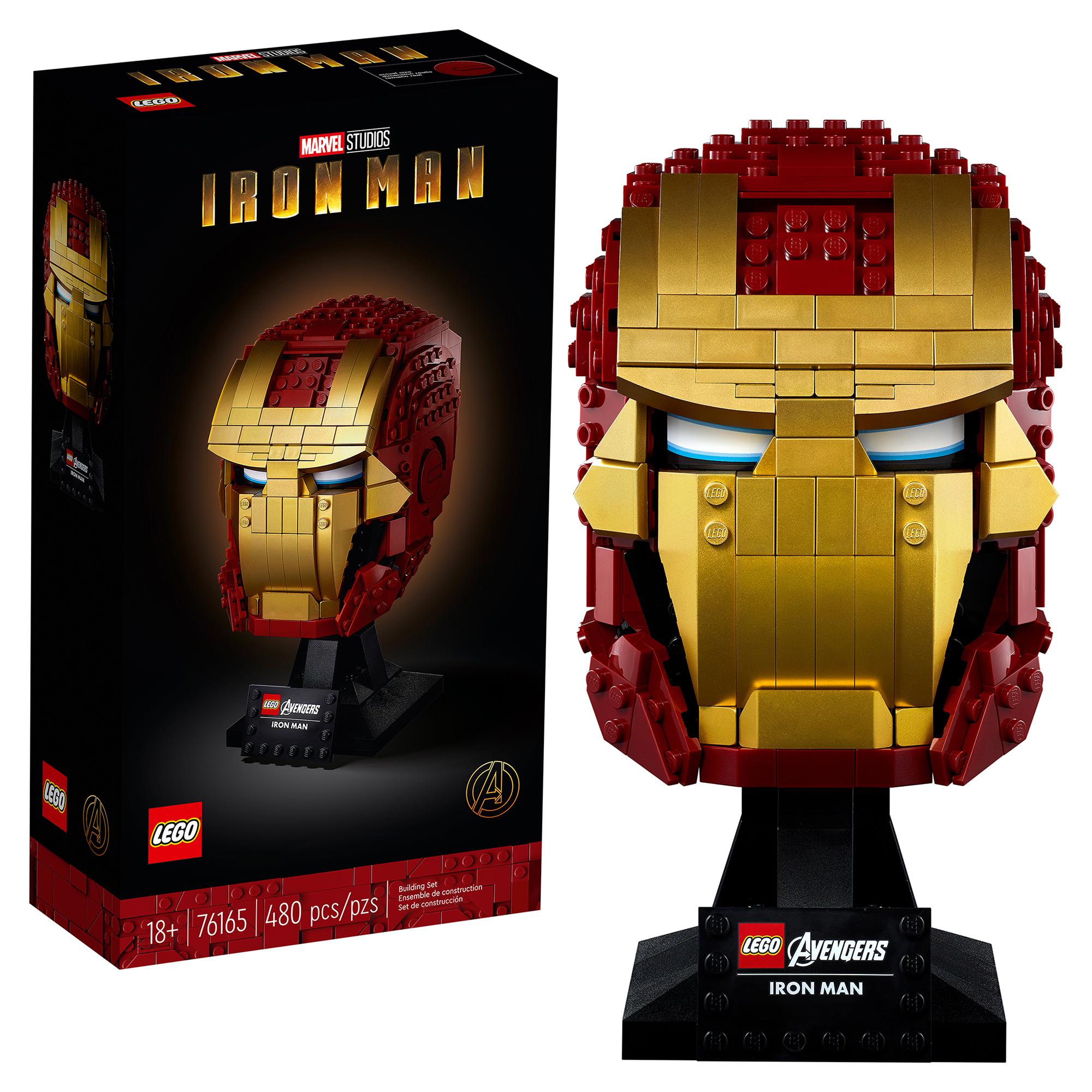LEGO Marvel Iron Man Helmet 76165 set with box, featuring detailed brick build for adult fans recreate iconic character.