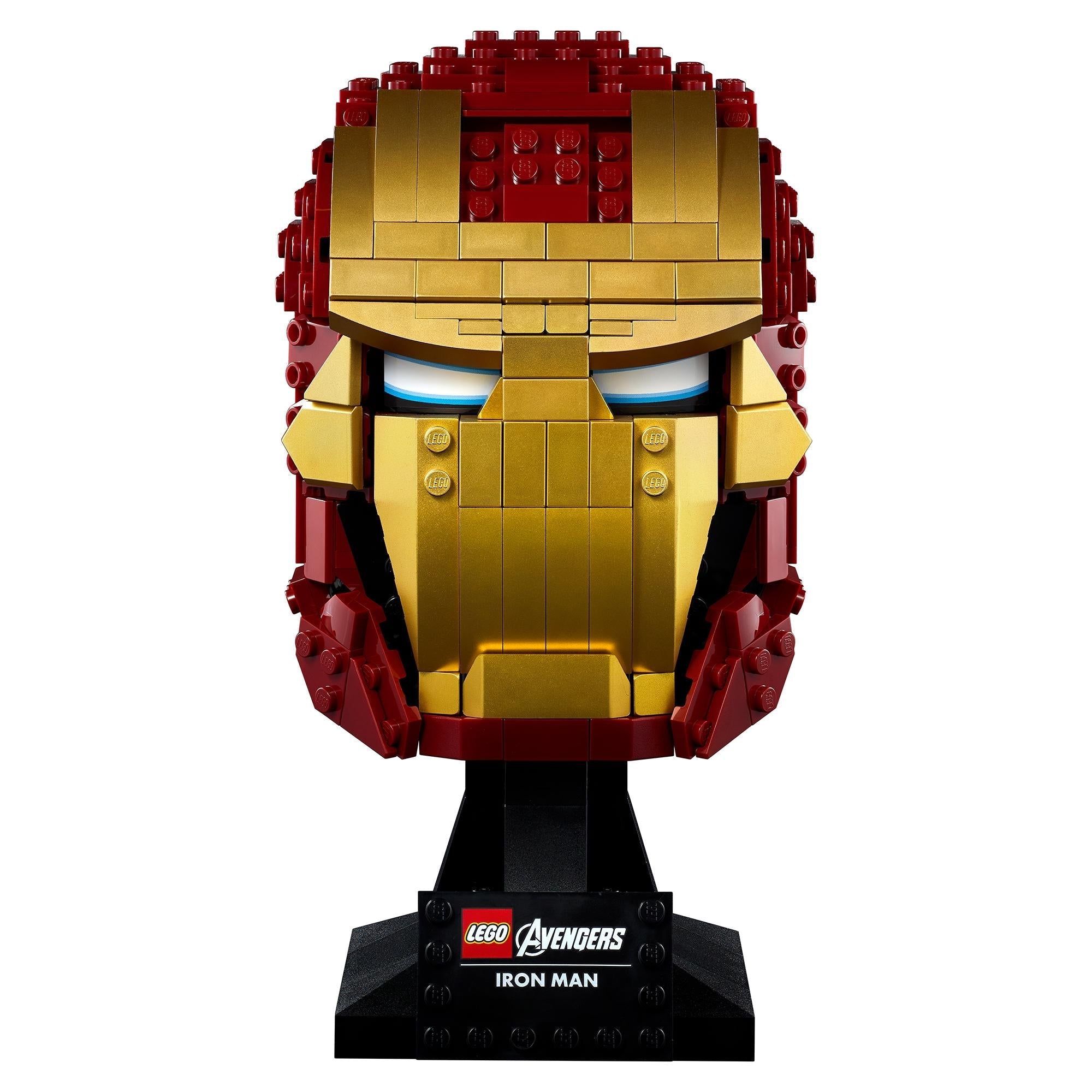 LEGO Marvel Iron Man Helmet 76165 building set, showcasing a detailed, brick-built Iron Man mask for adult fans.