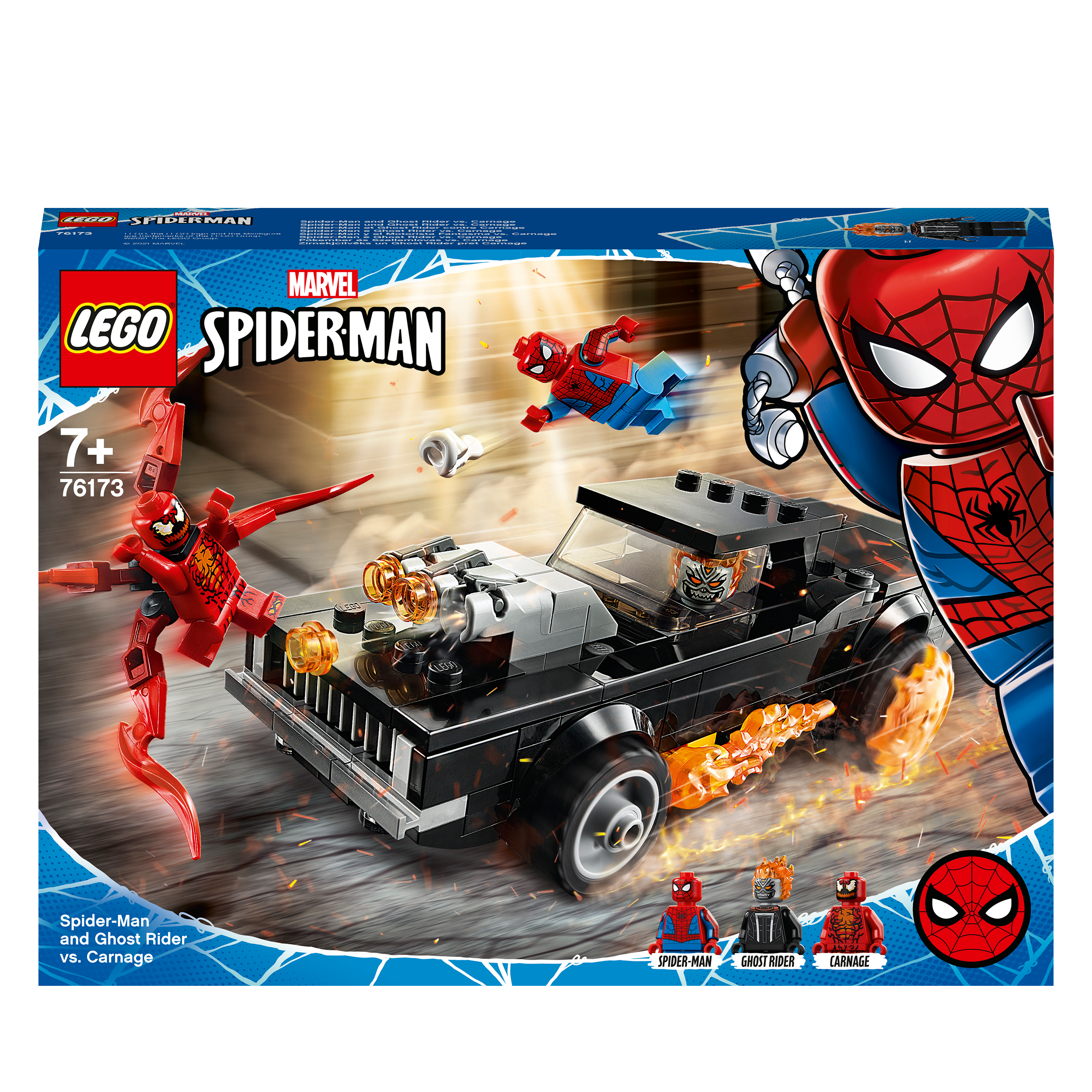 LEGO Marvel Spider-Man set 76173 featuring Spider-Man, Ghost Rider, and Carnage in an action scene with a black car.
