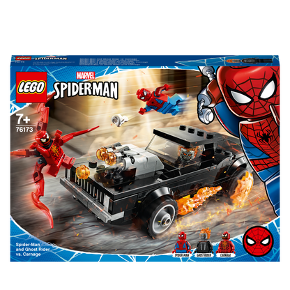 LEGO Marvel Spider-Man set 76173 featuring Spider-Man, Ghost Rider, and Carnage in an action scene with a black car.