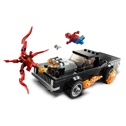 LEGO Marvel Spider-Man set featuring Ghost Rider, Carnage, and Spider-Man in a high-action scene.