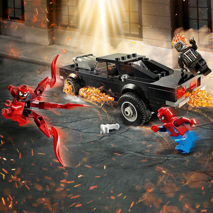 LEGO Marvel Spider-Man, Ghost Rider, and Carnage in a fiery battle scene with a black car toy set.