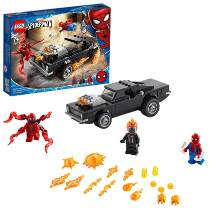 LEGO Marvel Spider-Man set featuring Ghost Rider, Carnage, Spidey, and a fiery vehicle for thrilling adventures.
