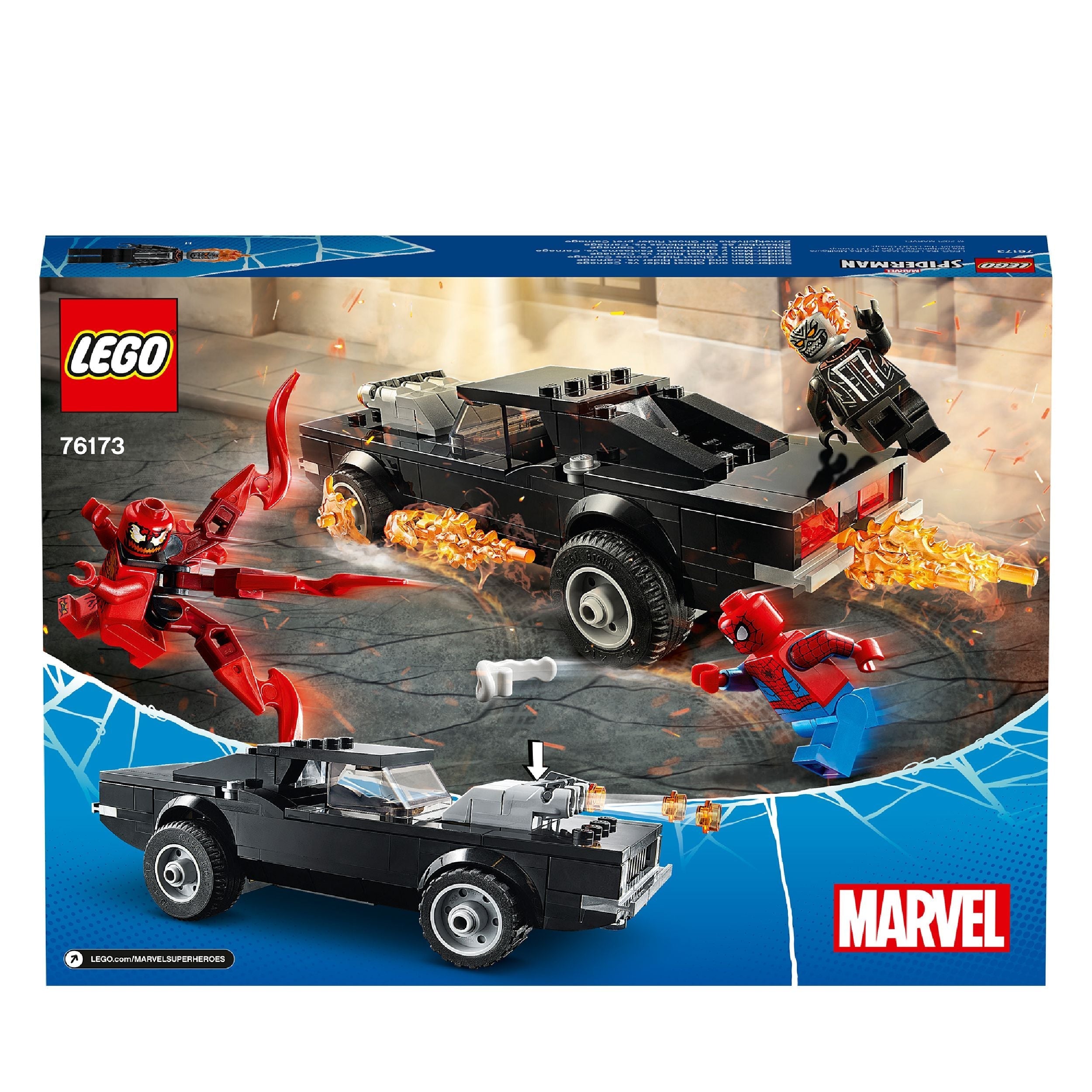 LEGO® Marvel 76173 set featuring Spider-Man, Ghost Rider, and Carnage in an action-packed scene.
