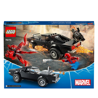LEGO® Marvel 76173 set featuring Spider-Man, Ghost Rider, and Carnage in an action-packed scene.