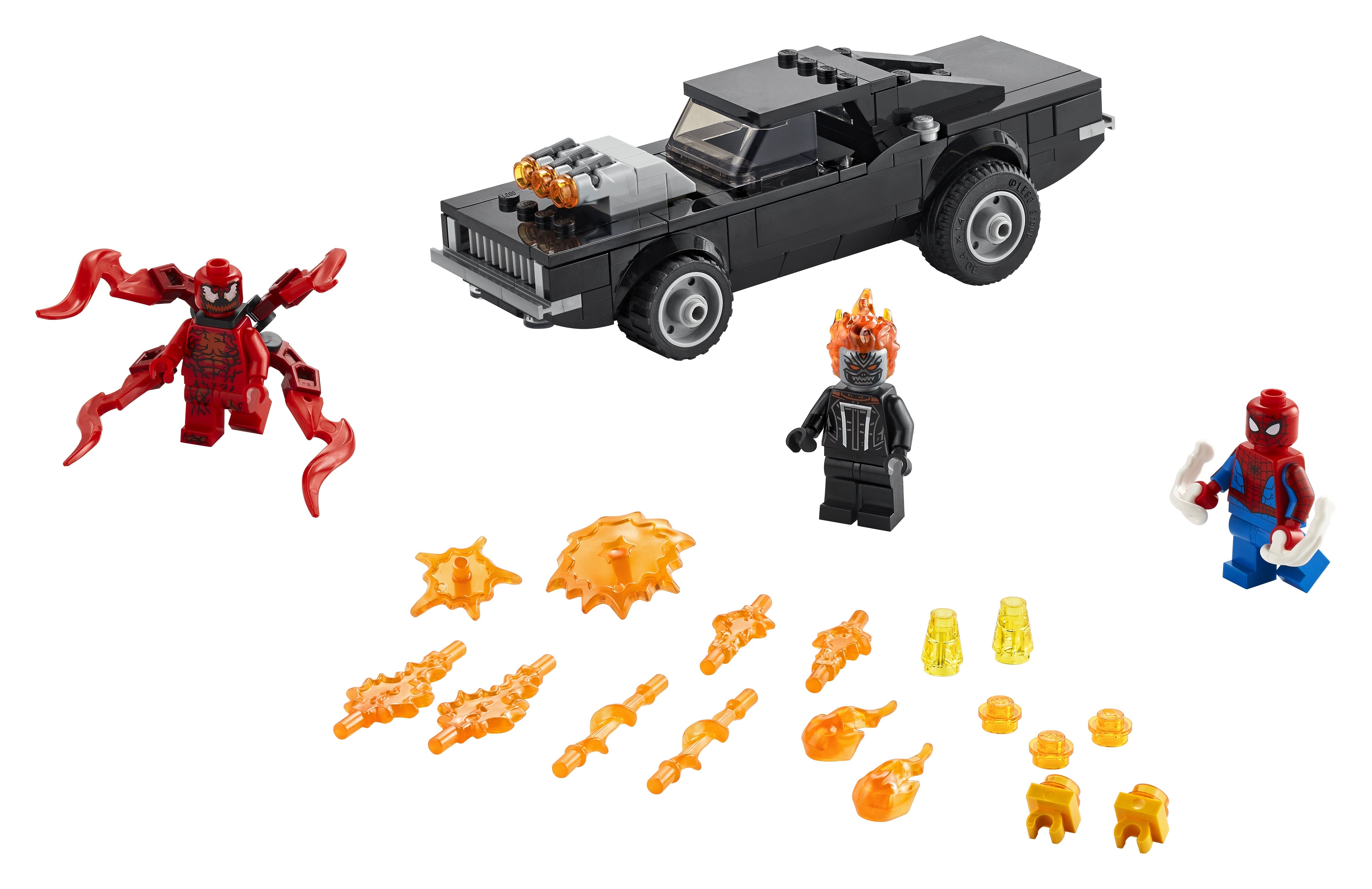 LEGO Marvel Spider-Man toy set with Ghost Rider, Carnage, and fiery accessories, perfect for action-packed play.