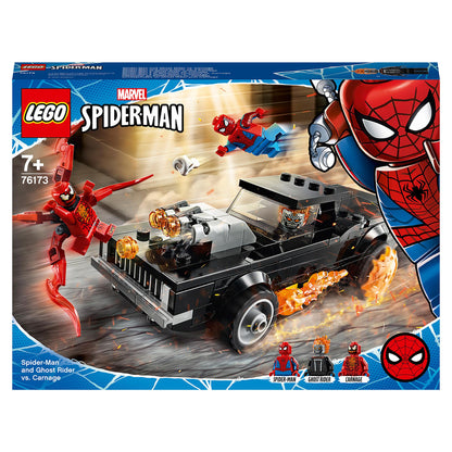 LEGO Marvel Spider-Man Ghost Rider Carnage Toy 76173 set with Spider-Man and Ghost Rider in action.