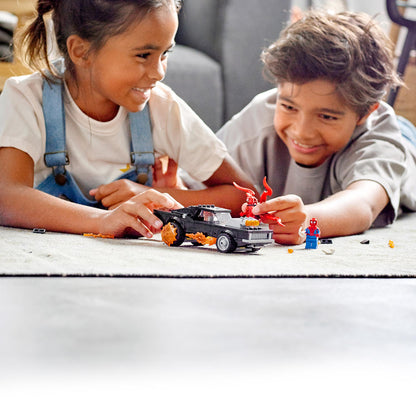 Kids playing with LEGO Marvel Spider-Man Ghost Rider and Carnage toy set, enjoying imaginative adventures on the floor.