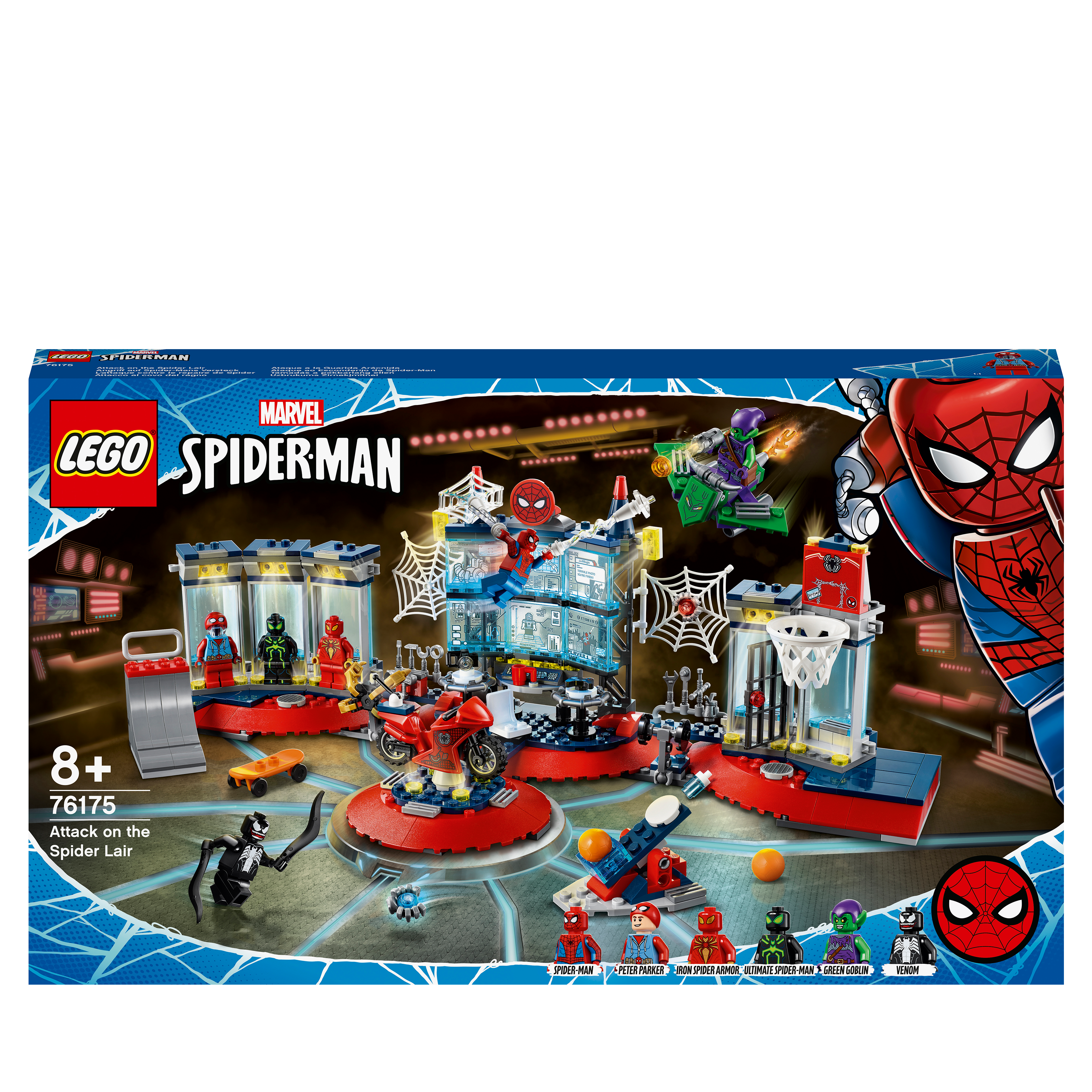 LEGO Marvel Spider-Man Attack on the Spider Lair set 76175 featuring Spider-Man, villains, and action-packed play features.