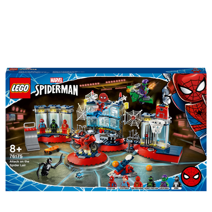 LEGO Marvel Spider-Man Attack on the Spider Lair set 76175 featuring Spider-Man, villains, and action-packed play features.