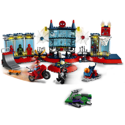 LEGO Marvel Spider-Man Attack on the Spider Lair set featuring colorful superhero headquarters and action figures.