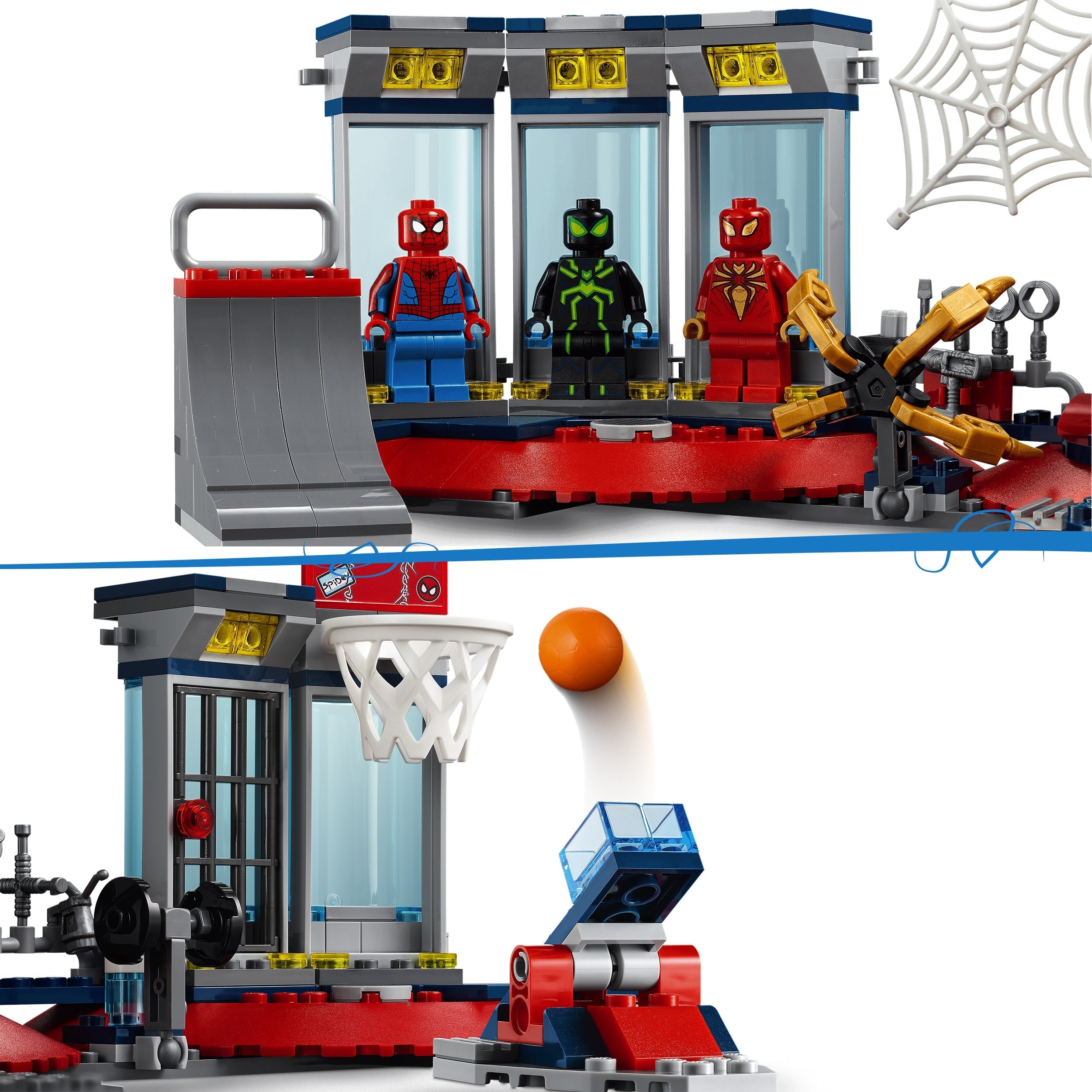 LEGO Marvel Spider-Man Attack on the Spider Lair set showcasing Spider-Man minifigures and interactive features.
