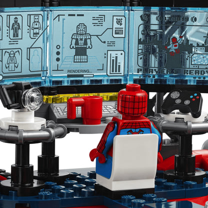 LEGO Marvel Spider-Man at his high-tech Spider Lair gaming setup with monitors and gadgets.