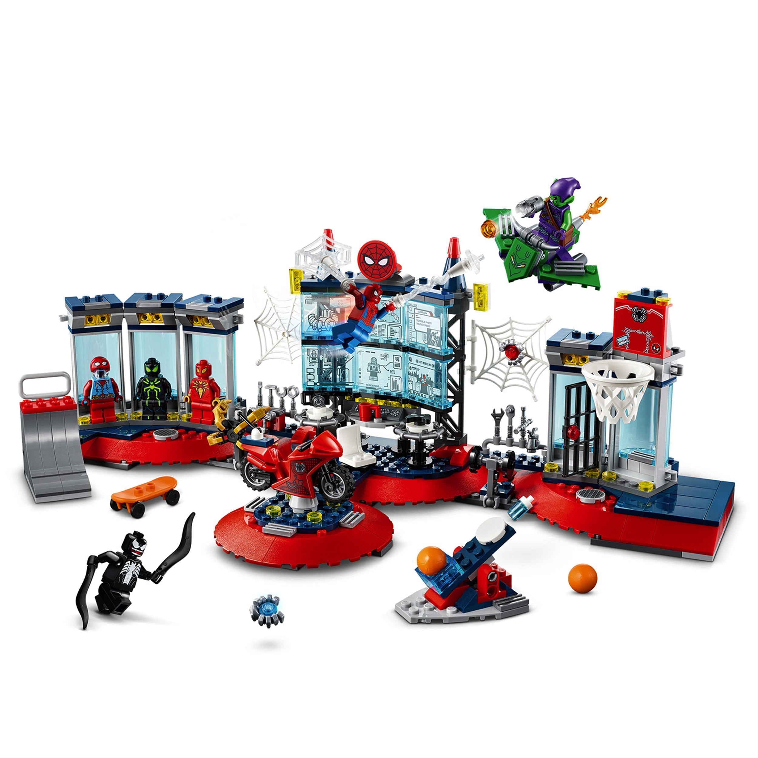 LEGO Marvel Spider-Man Attack on the Spider Lair set showcasing Spider-Man's superhero lair with figures and accessories.