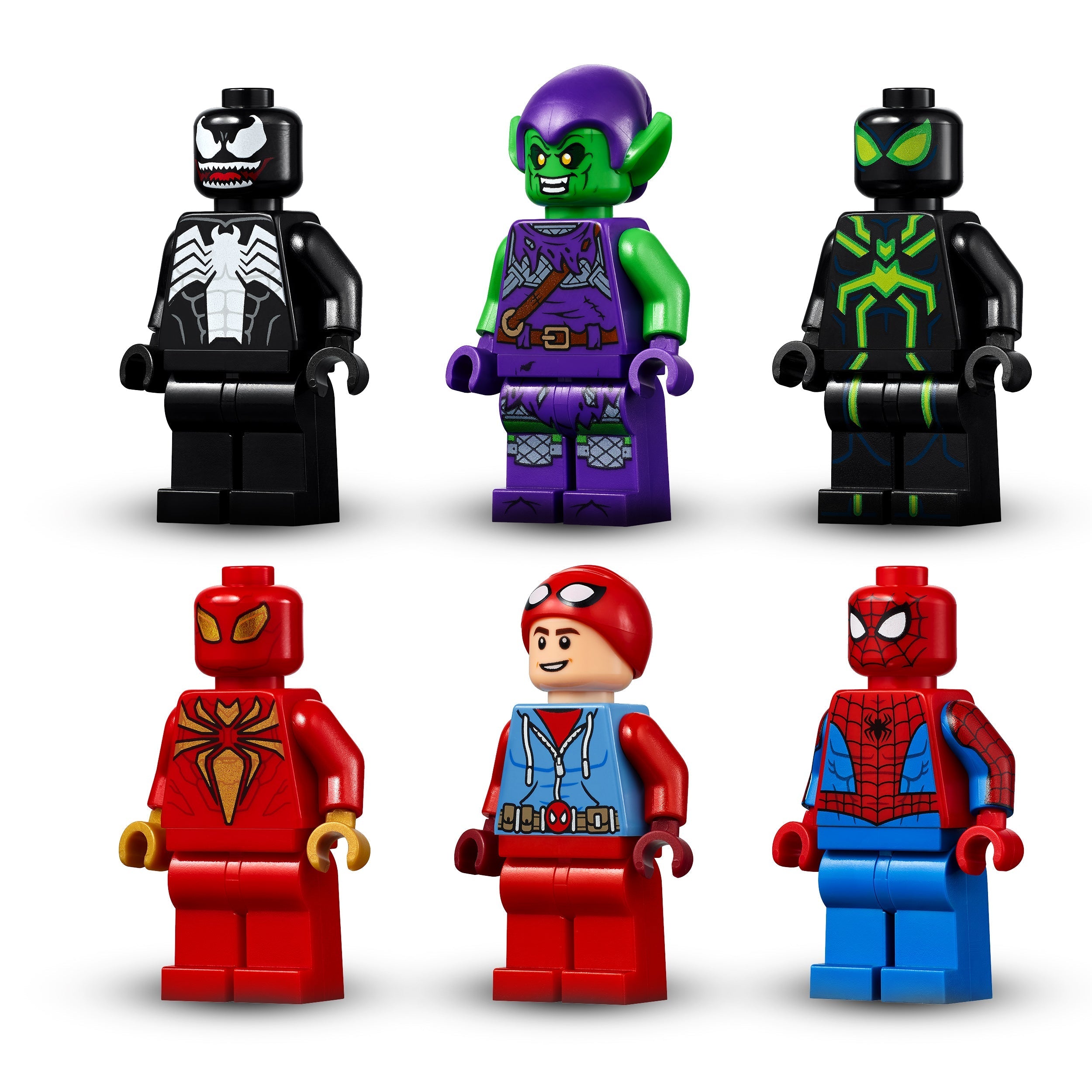 LEGO® Marvel Spider-Man Attack on the Spider Lair minifigures including Spider-Man, Venom, and Green Goblin.