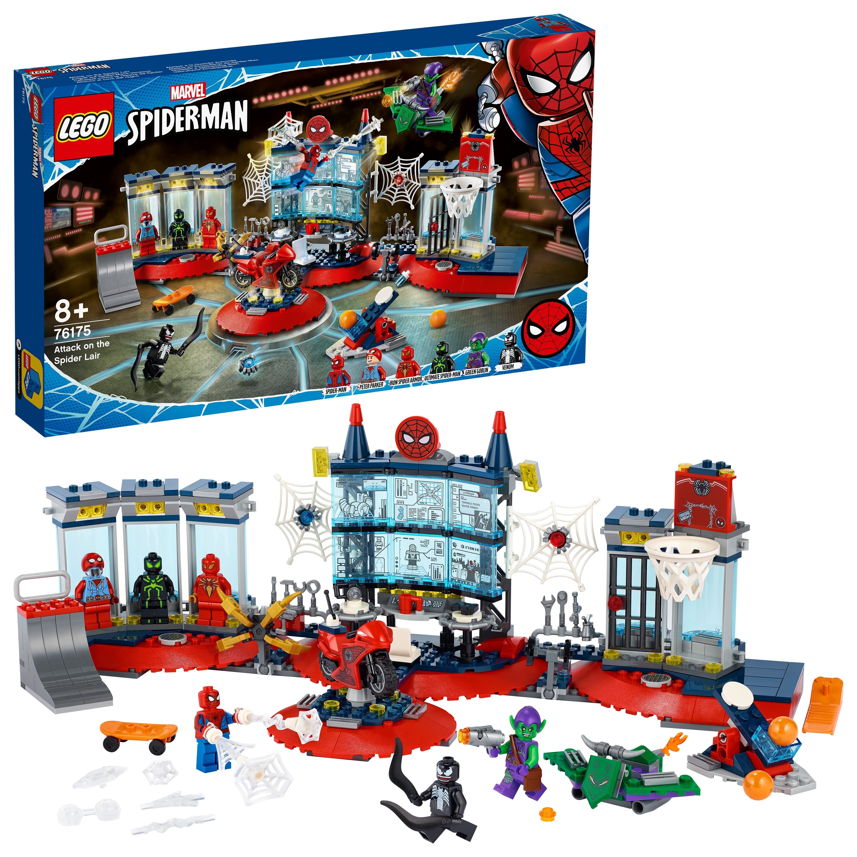 LEGO® Marvel Spider-Man Attack on the Spider Lair 76175 with Spider-Man and villains in a superhero scene.