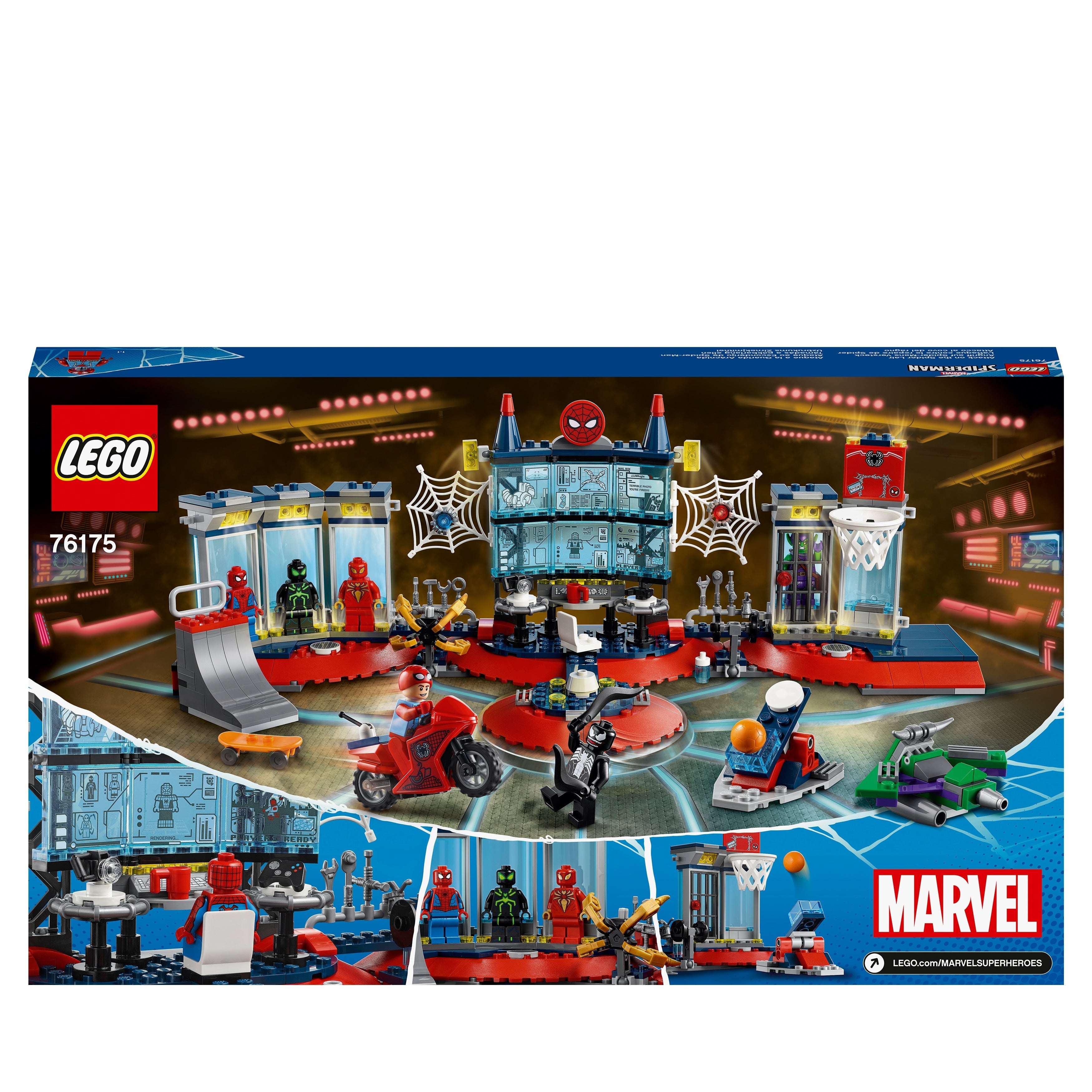 LEGO® Marvel Spider-Man Attack on the Spider Lair 76175, featuring superhero headquarters and action figures.