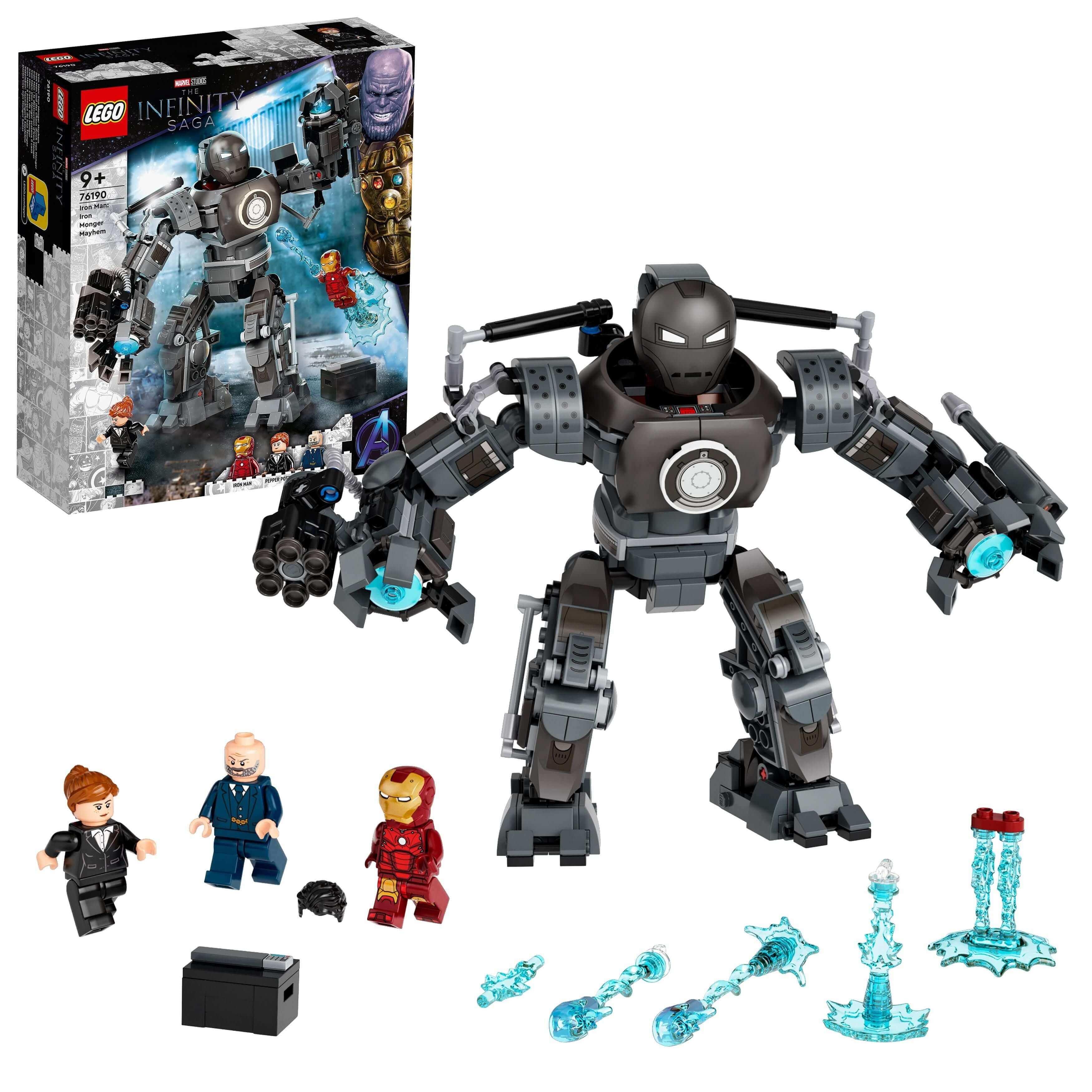 LEGO® Marvel Iron Man Iron Monger Mayhem Set 76190 featuring Iron Monger, Iron Man minifigures, and action accessories.