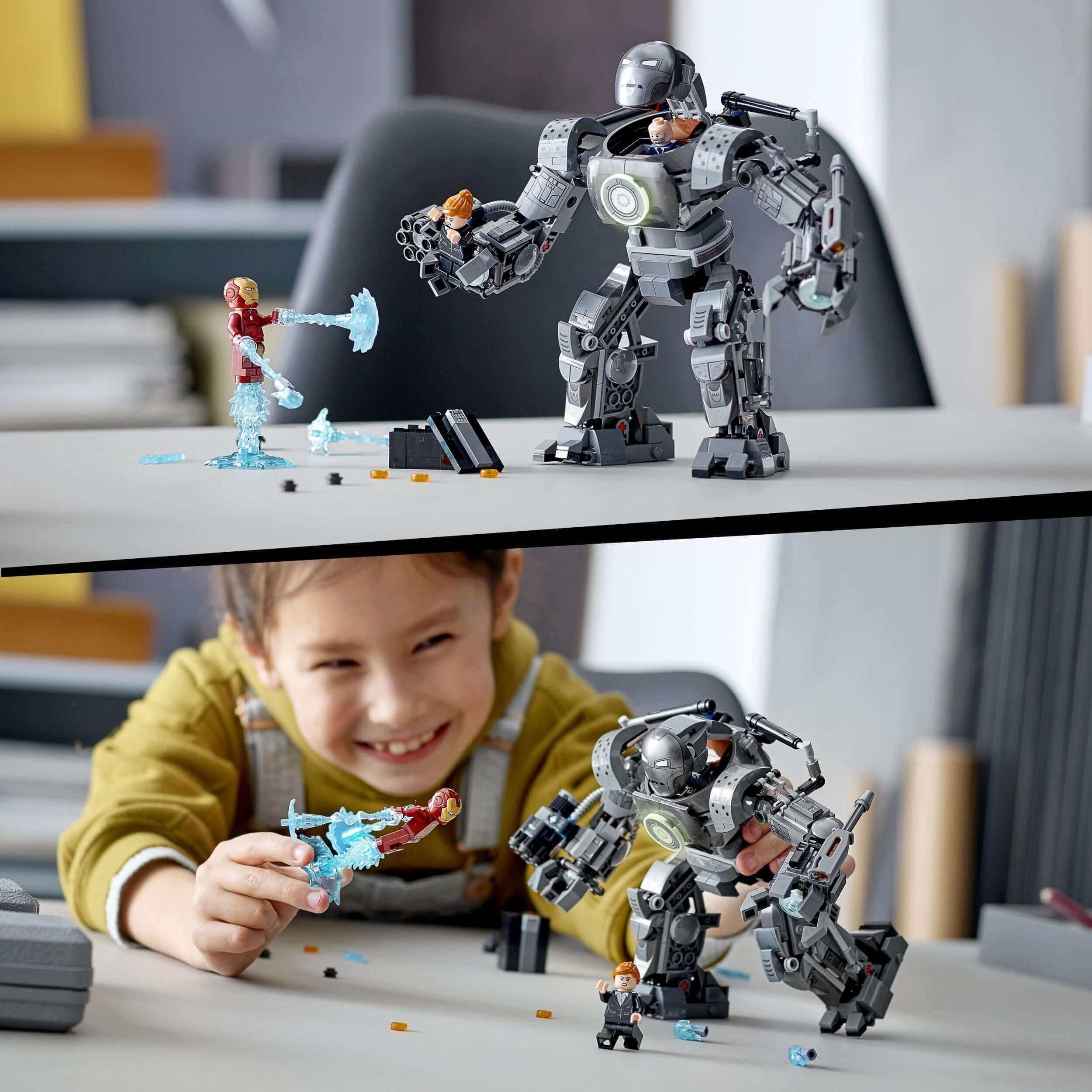 Child playing with LEGO Iron Man and Iron Monger set, showcasing imaginative superhero battles in a fun environment.