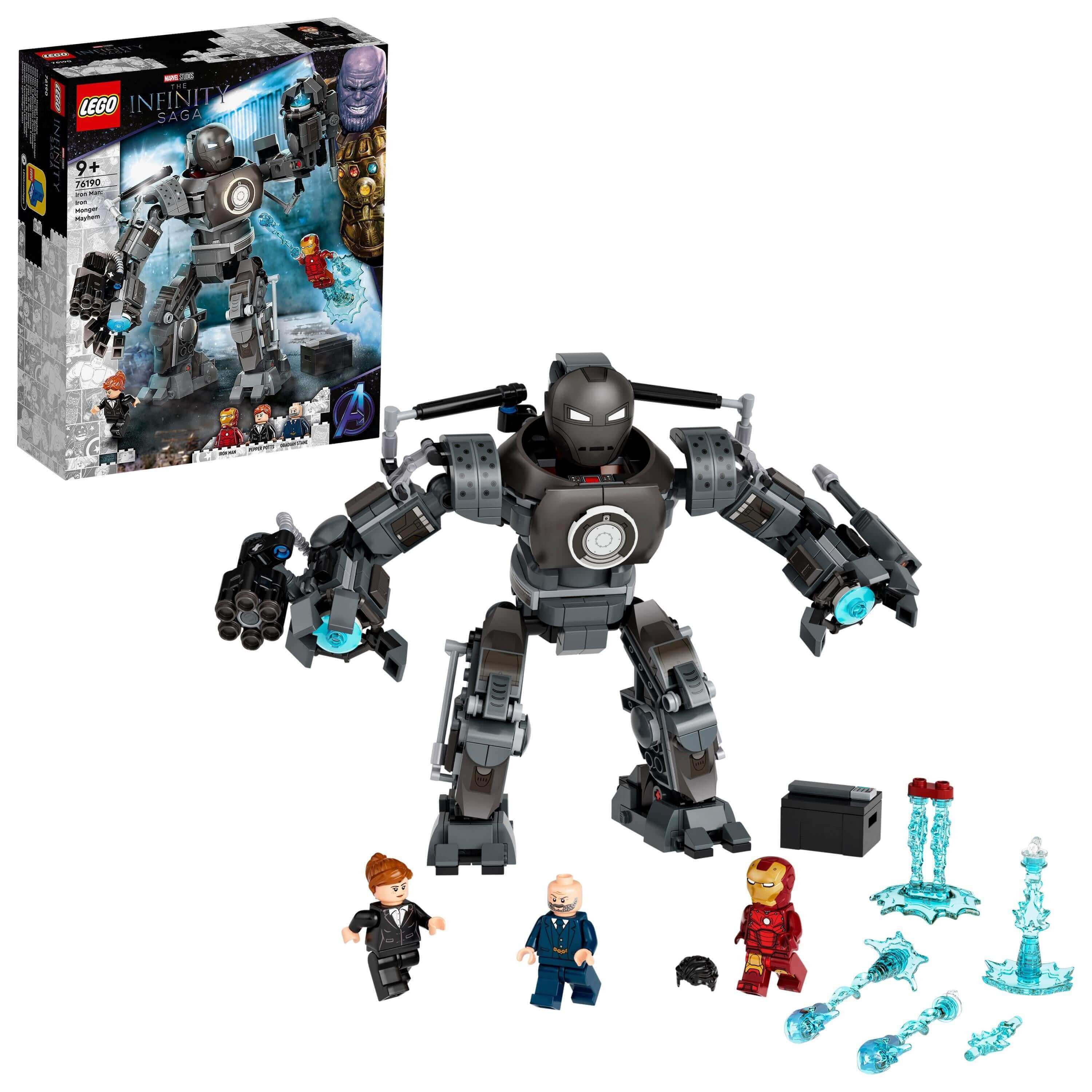 LEGO® Marvel Iron Man Iron Monger Mayhem Set 76190, featuring Iron Monger, Iron Man, and accessories for superhero battles.