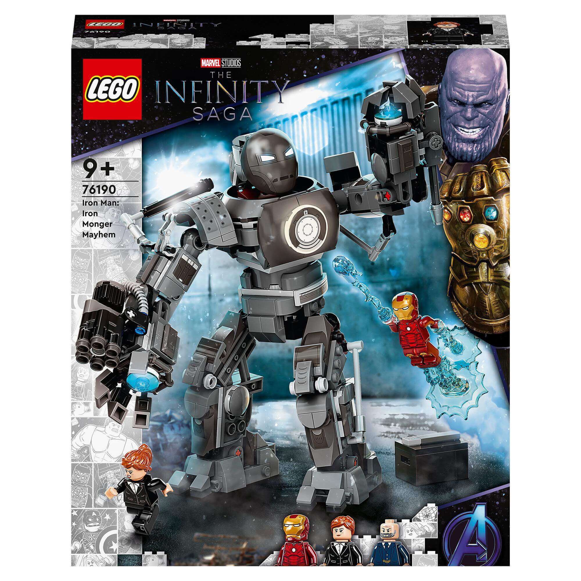 LEGO Marvel Iron Man: Iron Monger Mayhem Set 76190 featuring Iron Monger, Iron Man, and Thanos for superhero battles.