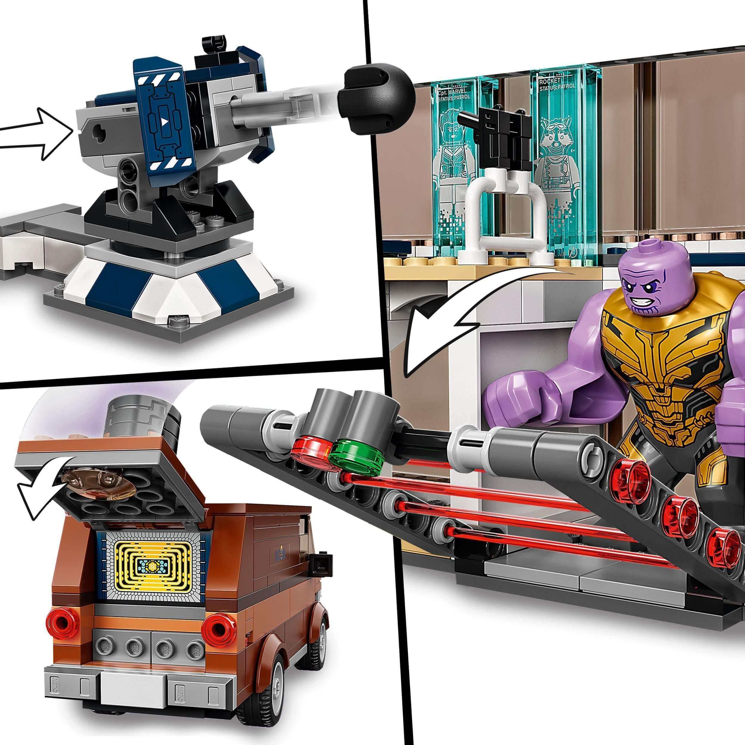 LEGO Marvel Avengers Endgame Final Battle Set 76192, showing Thanos, missile launcher, and attack van features.