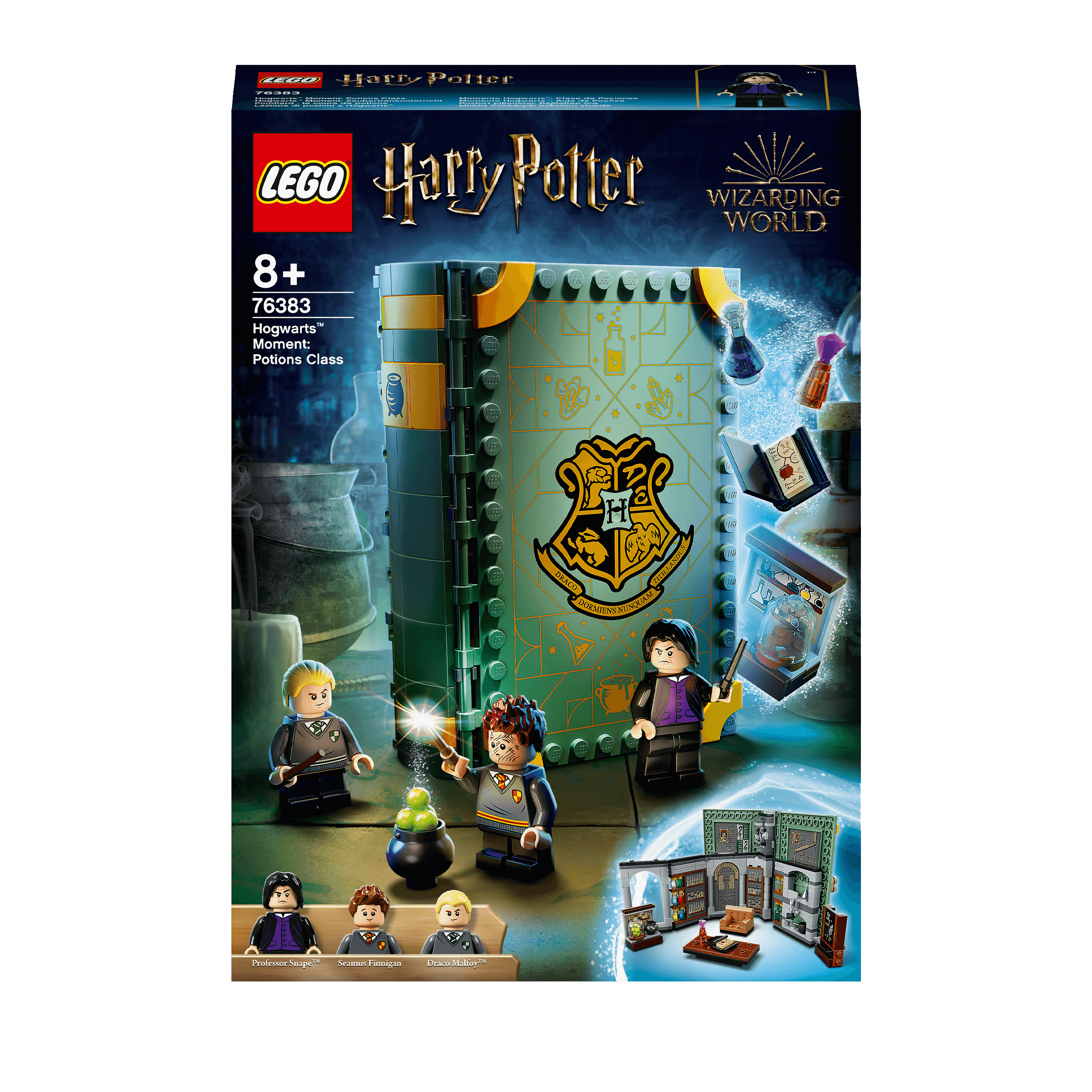 LEGO Harry Potter 76383 Hogwarts Potions Class playset with characters and potion accessories, magical book design.