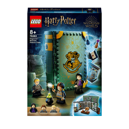 LEGO Harry Potter 76383 Hogwarts Potions Class playset with characters and potion accessories, magical book design.