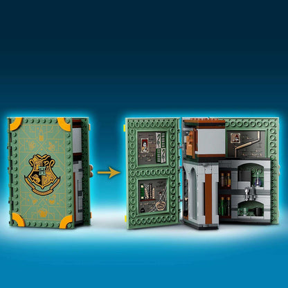 LEGO Harry Potter Hogwarts Potions Class Set 76383, showcasing the book-shaped playset with potion-making elements.