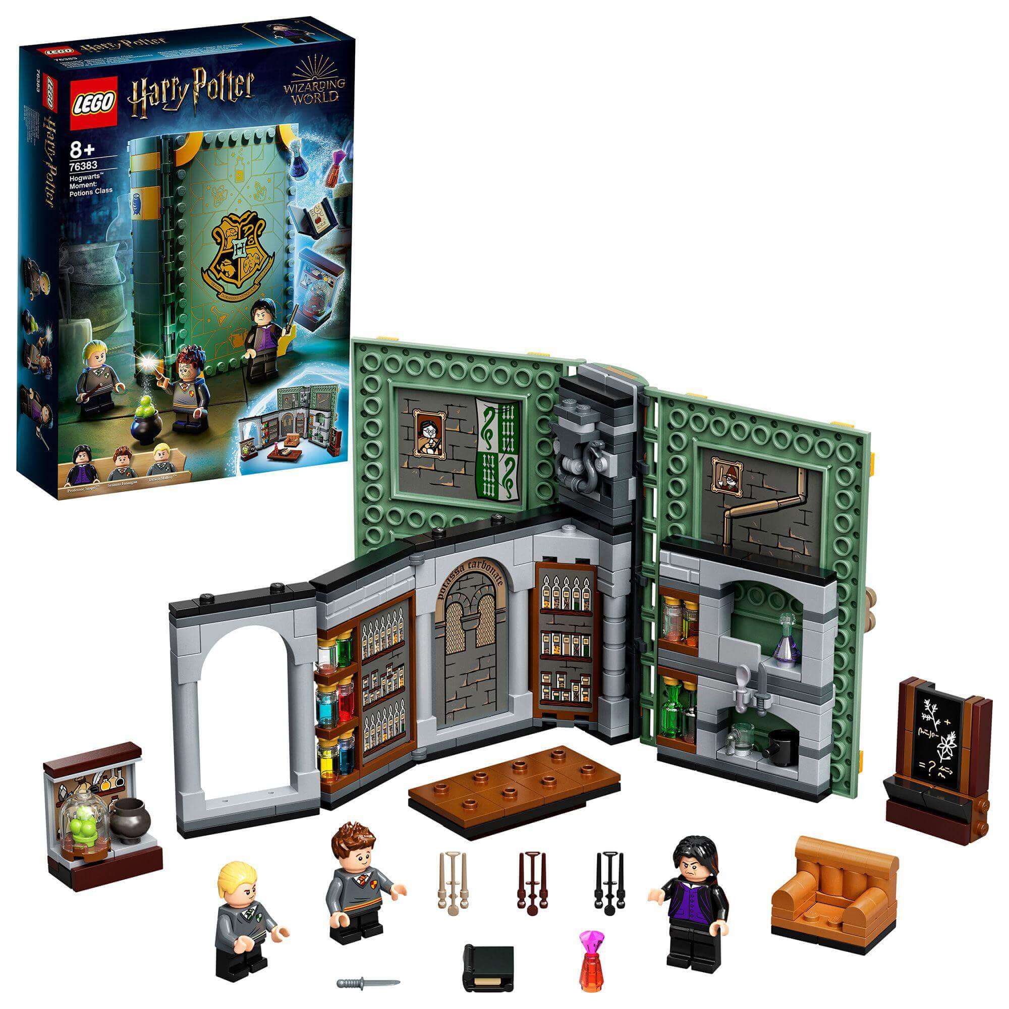 LEGO® Harry Potter Hogwarts Potions Class Set 76383 with characters, potions, and magical book design.