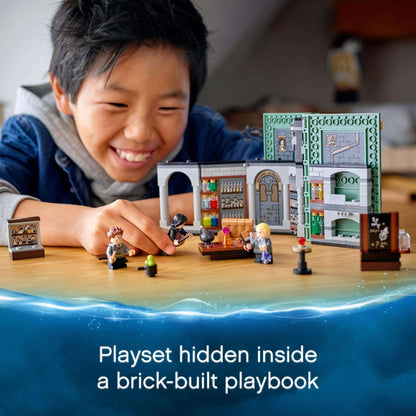 Child enjoying LEGO Harry Potter Potions Class playset inside a magical brick-built book.