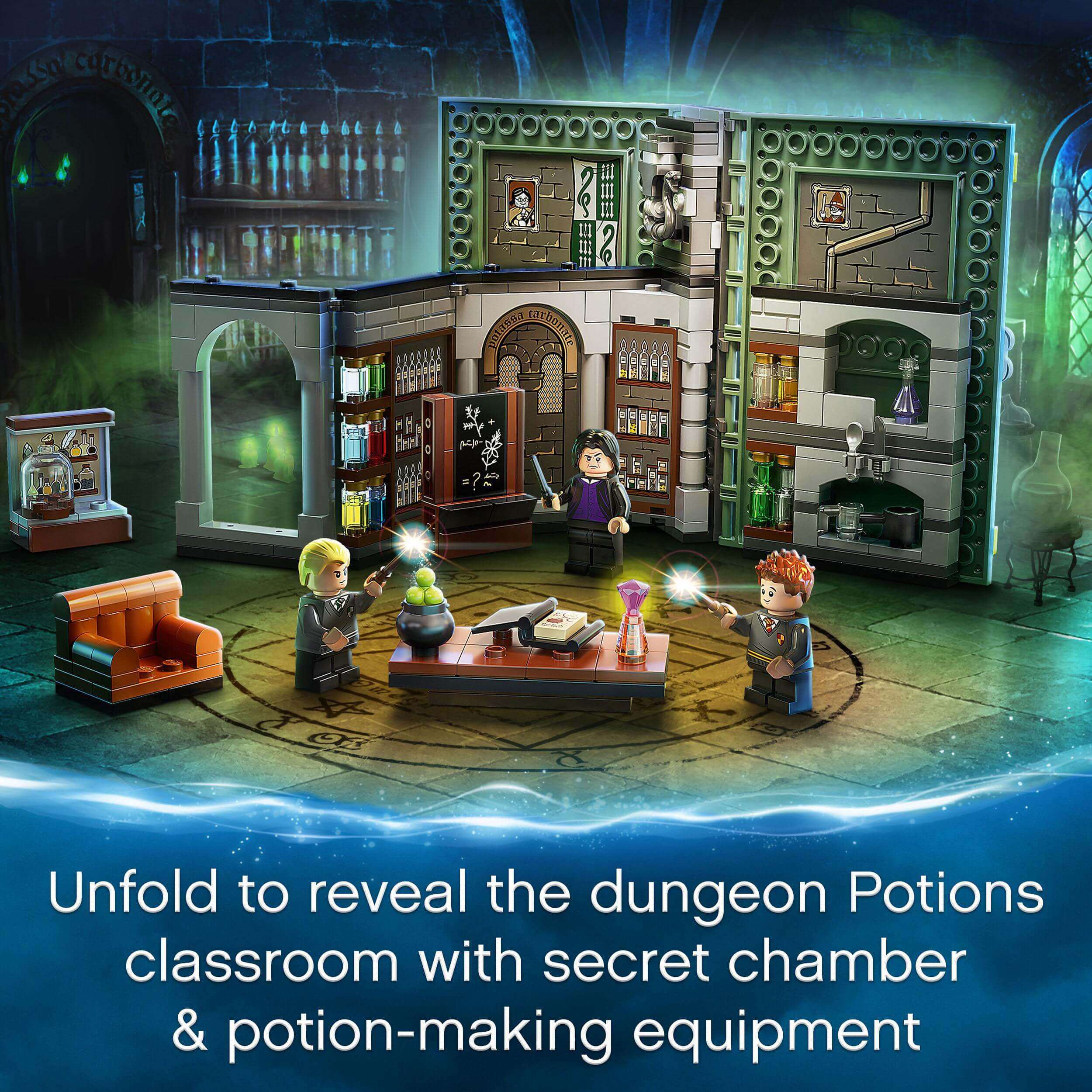 LEGO® Harry Potter Hogwarts Potions Class Set 76383 showcasing potion-making classroom with characters and magical elements.