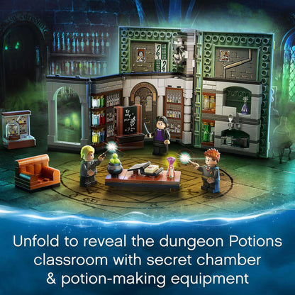LEGO® Harry Potter Hogwarts Potions Class Set 76383 showcasing potion-making classroom with characters and magical elements.