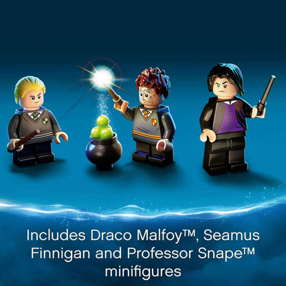 LEGO Harry Potter Hogwarts Potions Class Set 76383 includes Draco Malfoy, Seamus Finnigan, and Professor Snape minifigures.