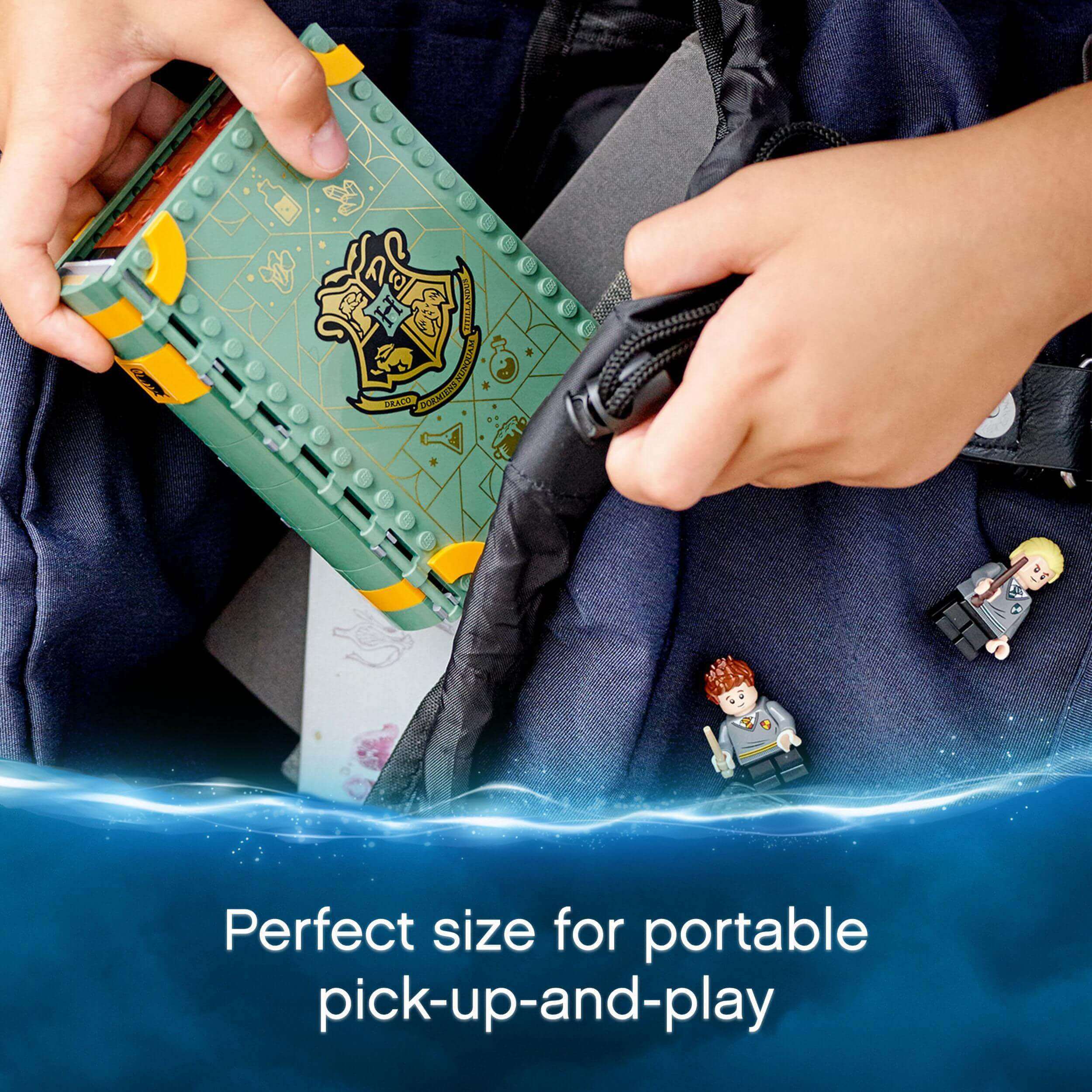 Child holding LEGO Harry Potter Potions Class set, showcasing its perfect portable size with characters.