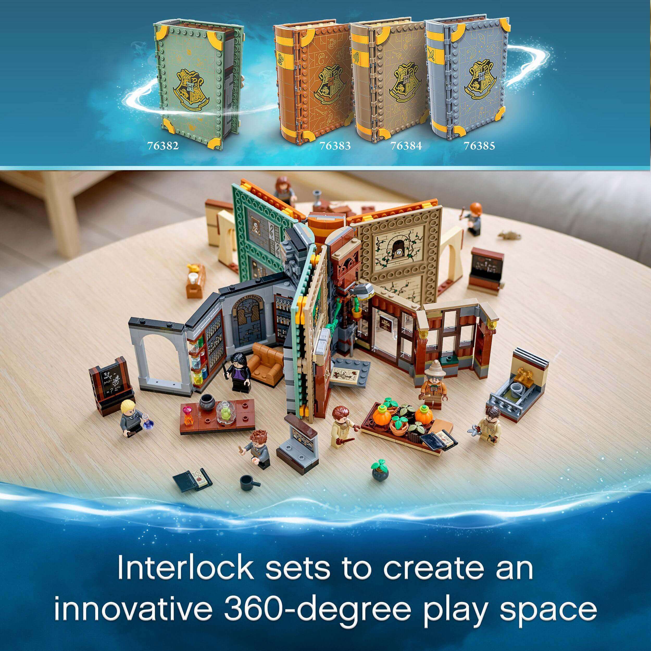 LEGO Harry Potter Hogwarts Potions Class Set 76383 showcasing magical playset and characters in a 360-degree design.