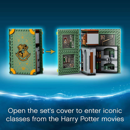 LEGO Harry Potter Hogwarts Potions Class Set 76383, featuring a magical book design that opens to reveal potion-making scenes.