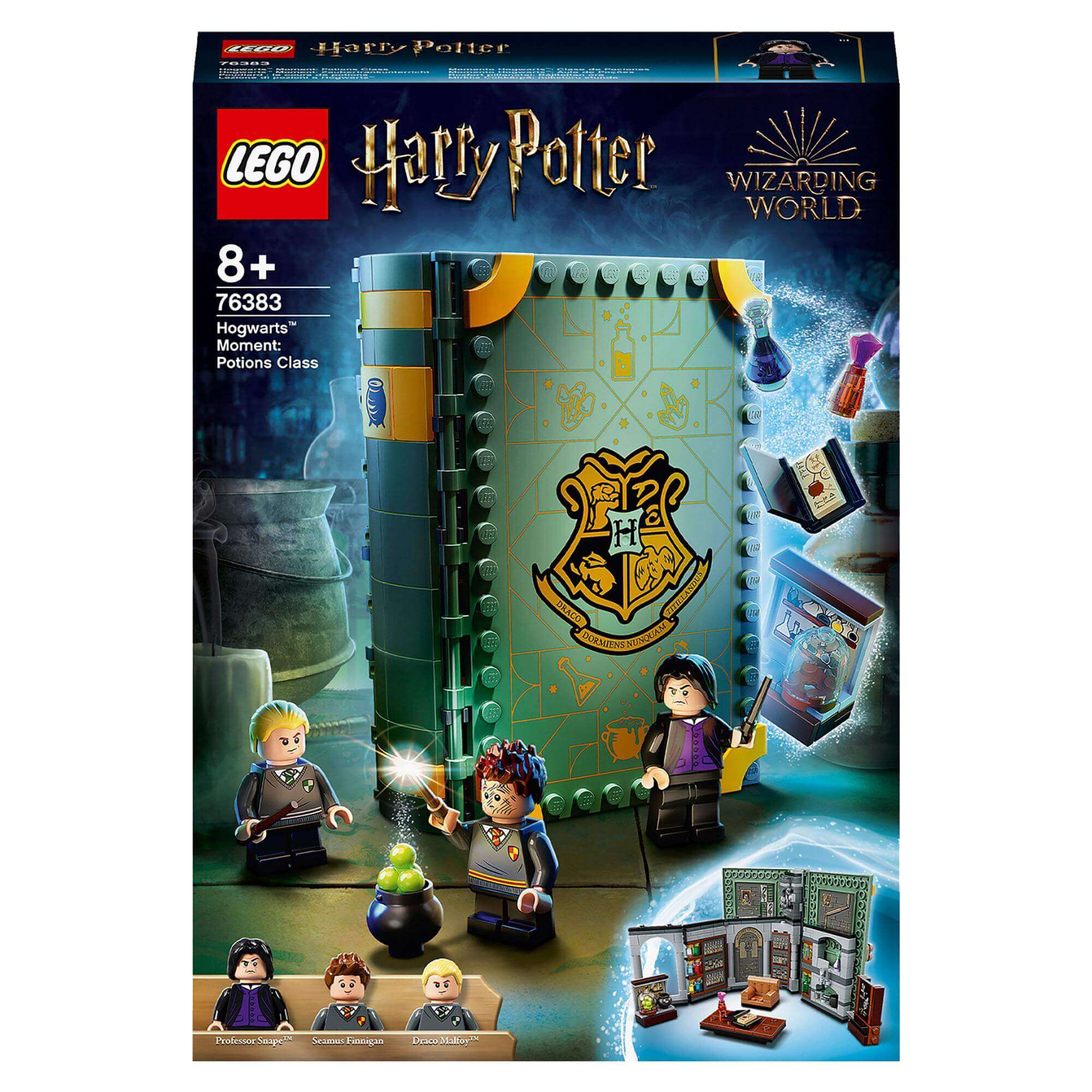 LEGO Harry Potter Hogwarts Potions Class Set 76383 featuring potion-making characters and magical book design.