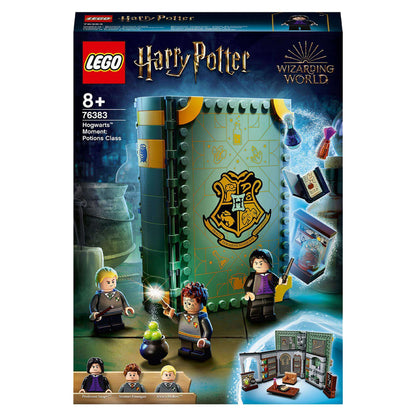 LEGO Harry Potter Hogwarts Potions Class Set 76383 featuring potion-making characters and magical book design.