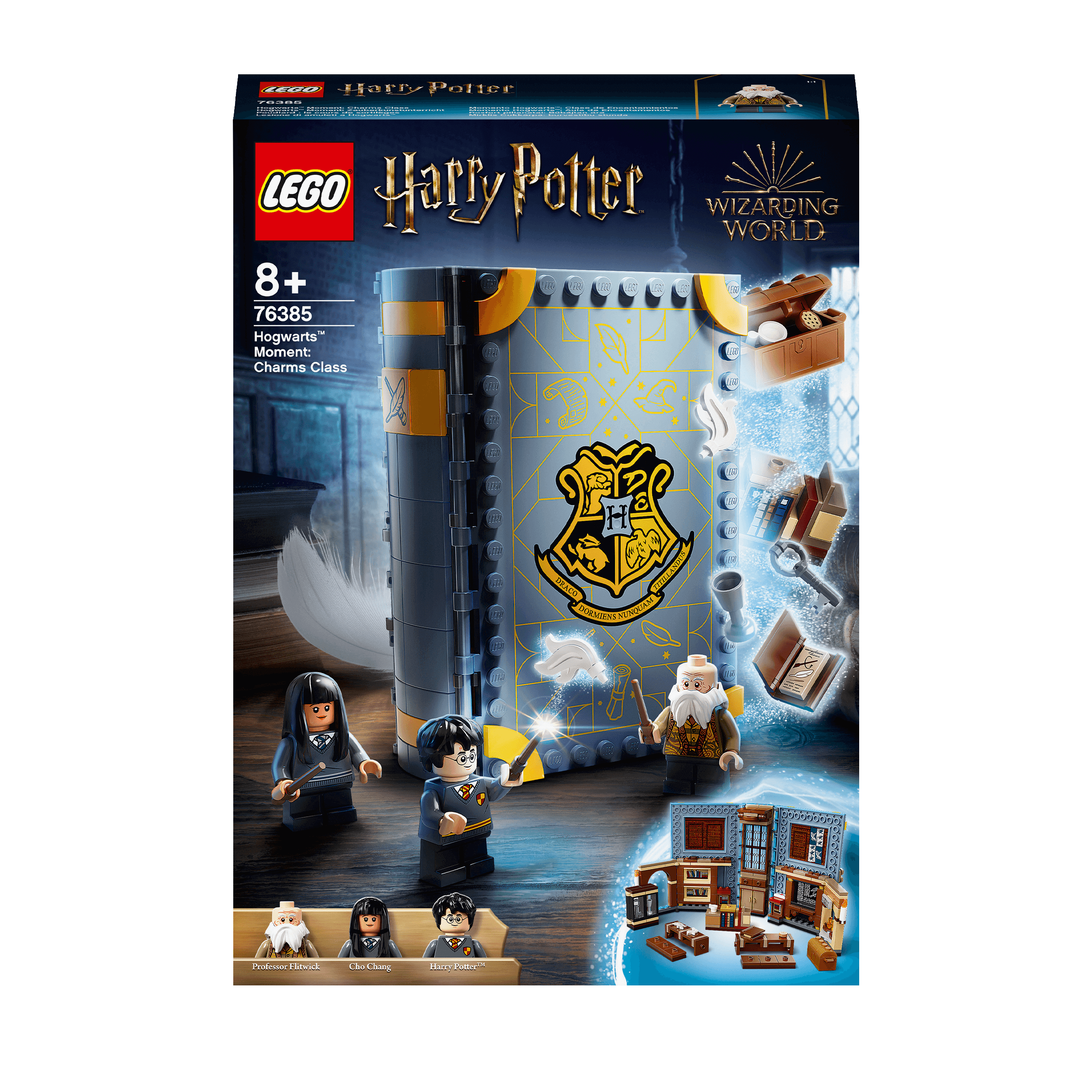 LEGO Harry Potter Hogwarts Charms Class Set 76385 packaging featuring magical book and character figures.
