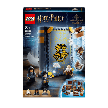 LEGO Harry Potter Hogwarts Charms Class Set 76385 packaging featuring magical book and character figures.