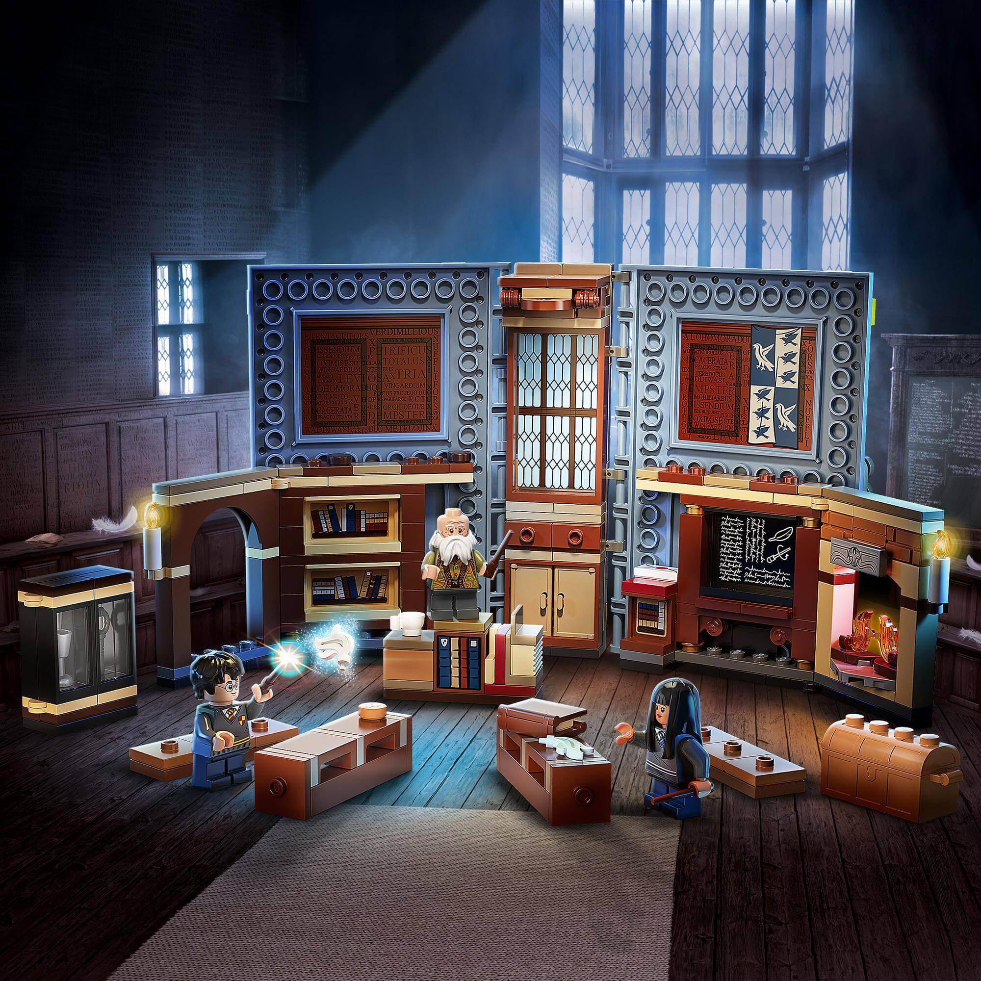 LEGO Harry Potter Hogwarts Charms classroom playset with characters and magical elements in a detailed brick-built book.
