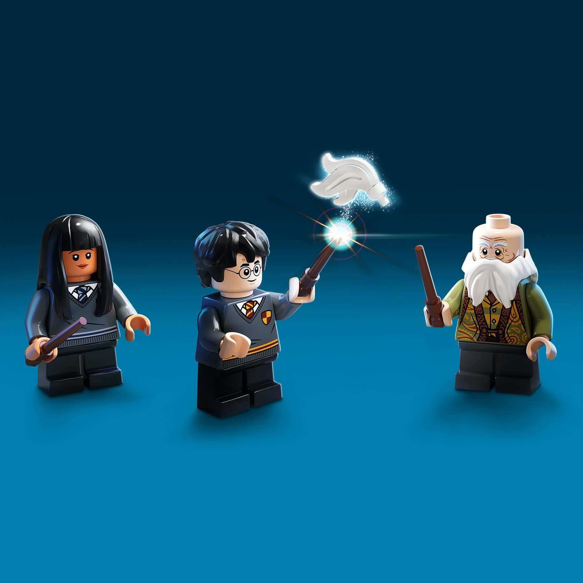 Harry Potter LEGO figures practicing charms in Hogwarts classroom playset with magic wands and spell effects.