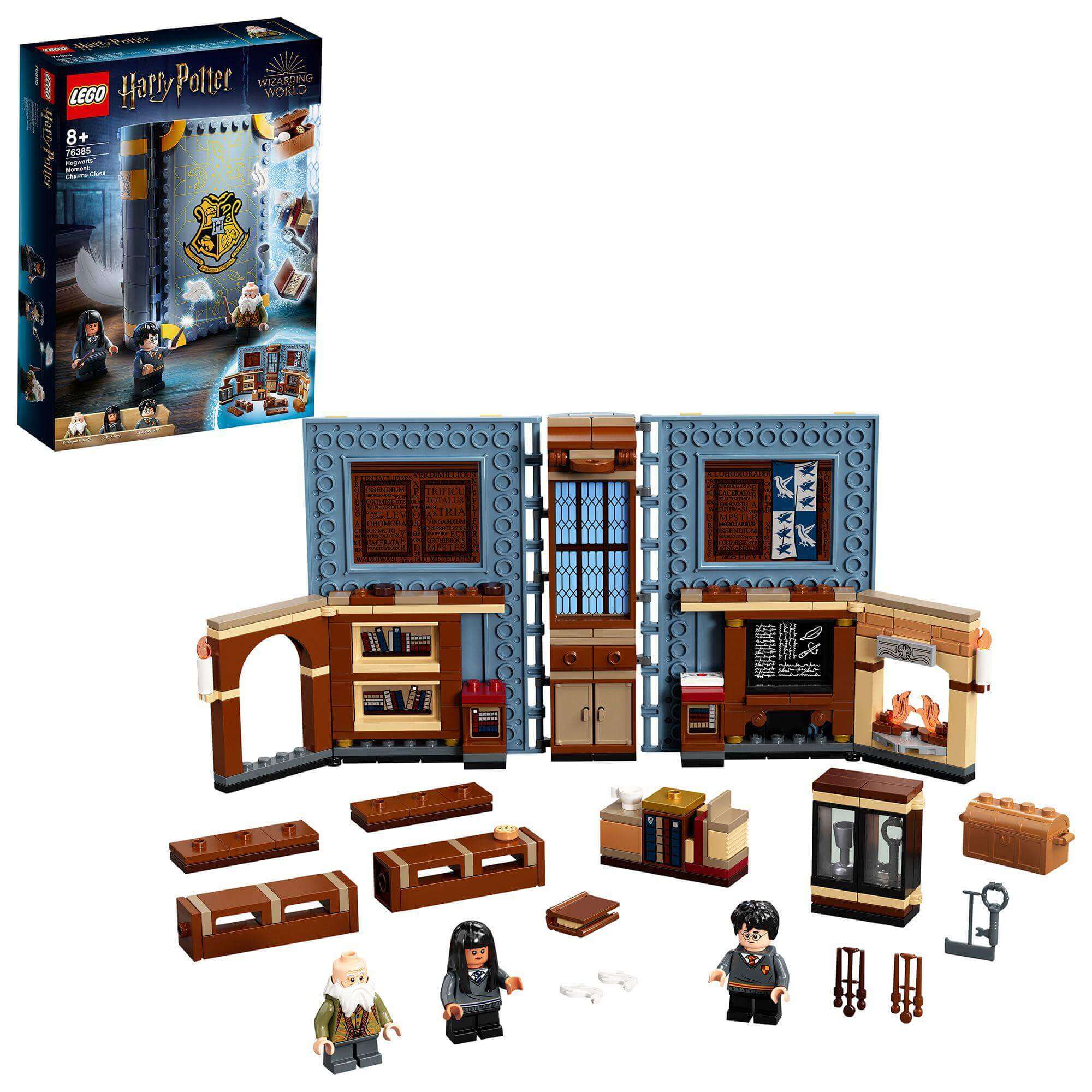 LEGO Harry Potter Hogwarts Charms Class Set 76385 with classroom scene and figures inside a magical book.