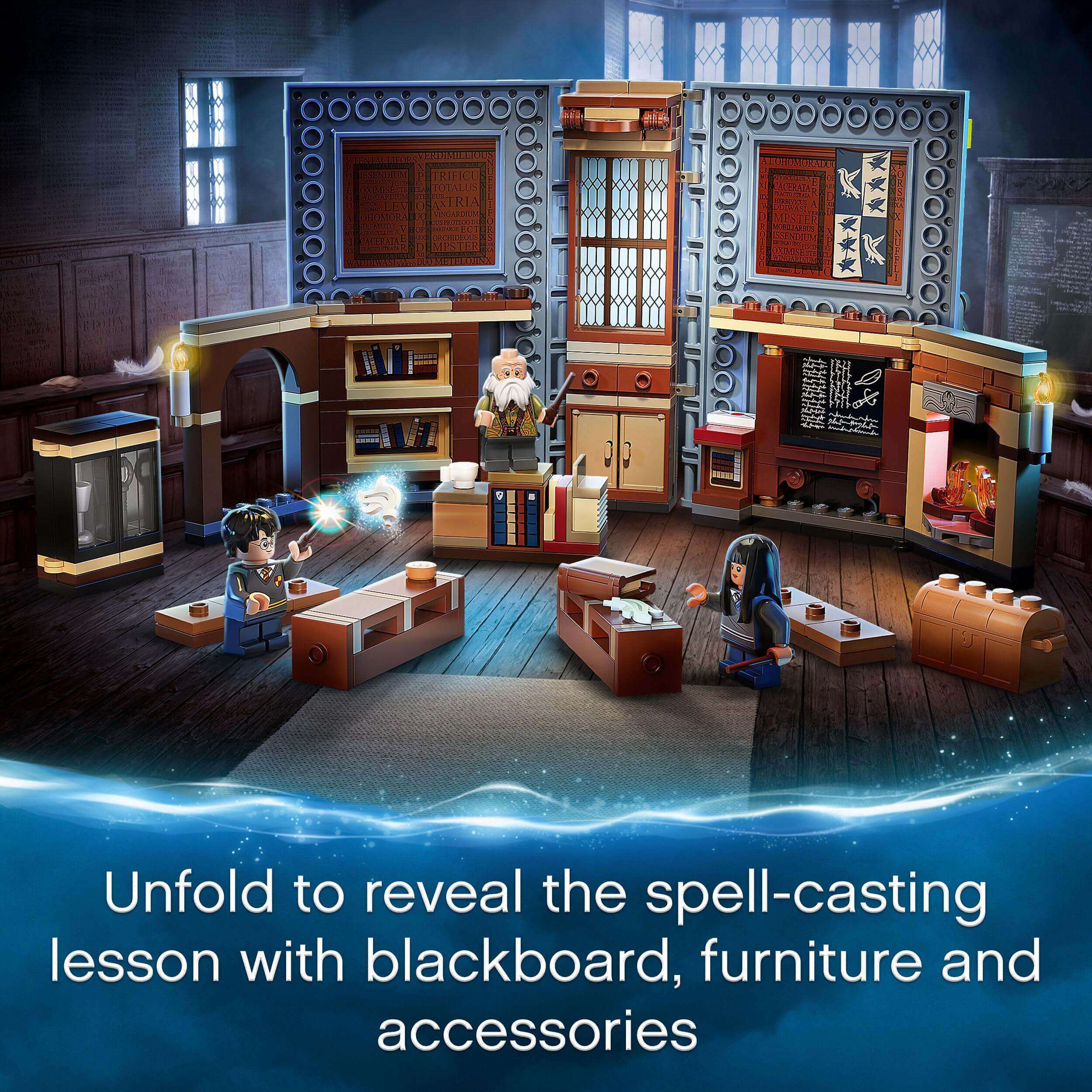 LEGO Harry Potter Hogwarts Charms Class Set 76385 featuring a magical classroom with characters, furniture, and spell-casting accessories.