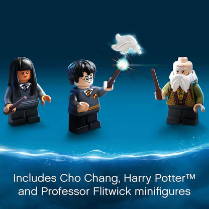 Minifigures of Cho Chang, Harry Potter, and Professor Flitwick from LEGO® Harry Potter Hogwarts Charms Class Set 76385.