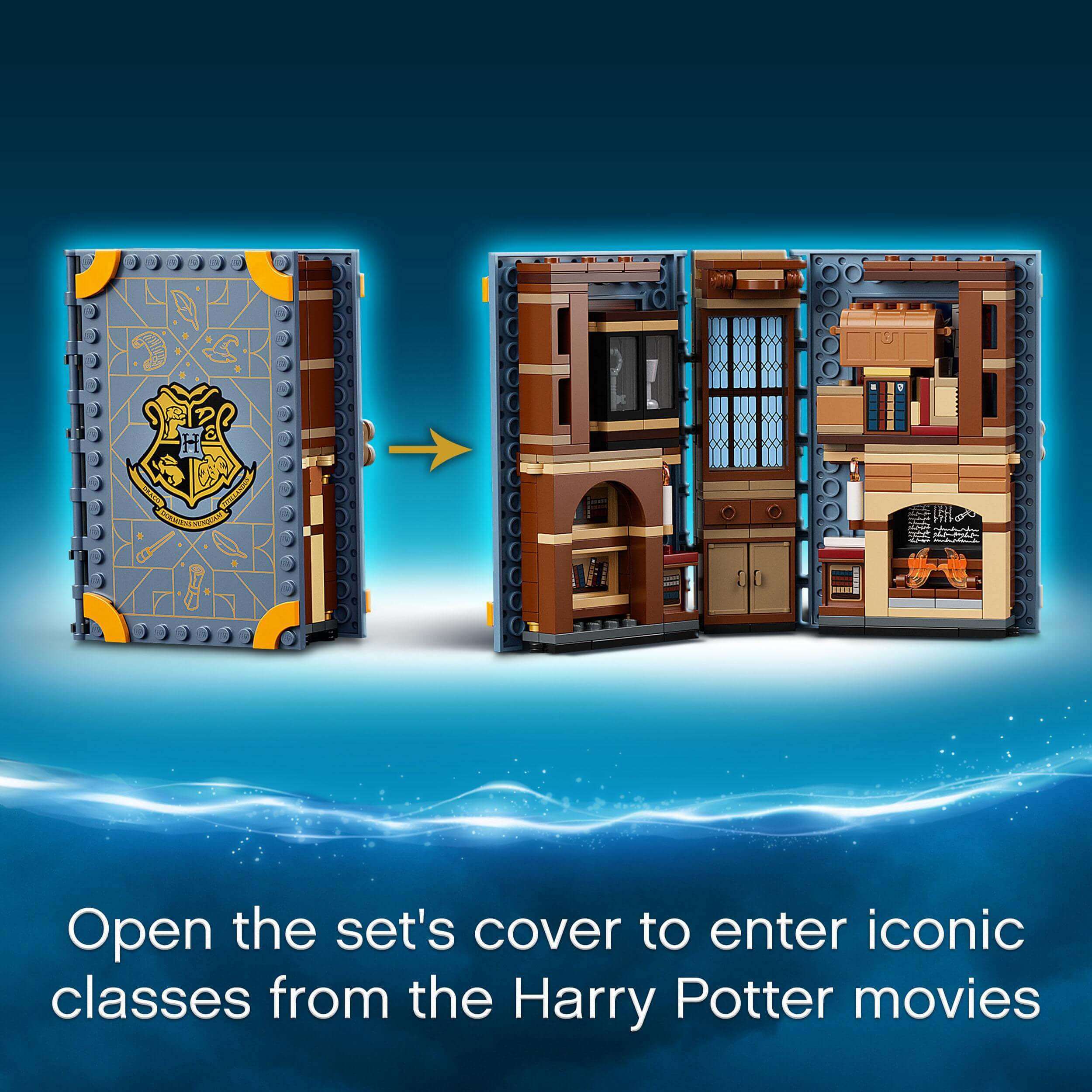 LEGO Harry Potter Hogwarts Charms Class Set 76385, showcasing the classroom playset's magical brick-built book cover.