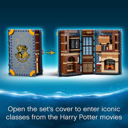 LEGO Harry Potter Hogwarts Charms Class Set 76385, showcasing the classroom playset's magical brick-built book cover.