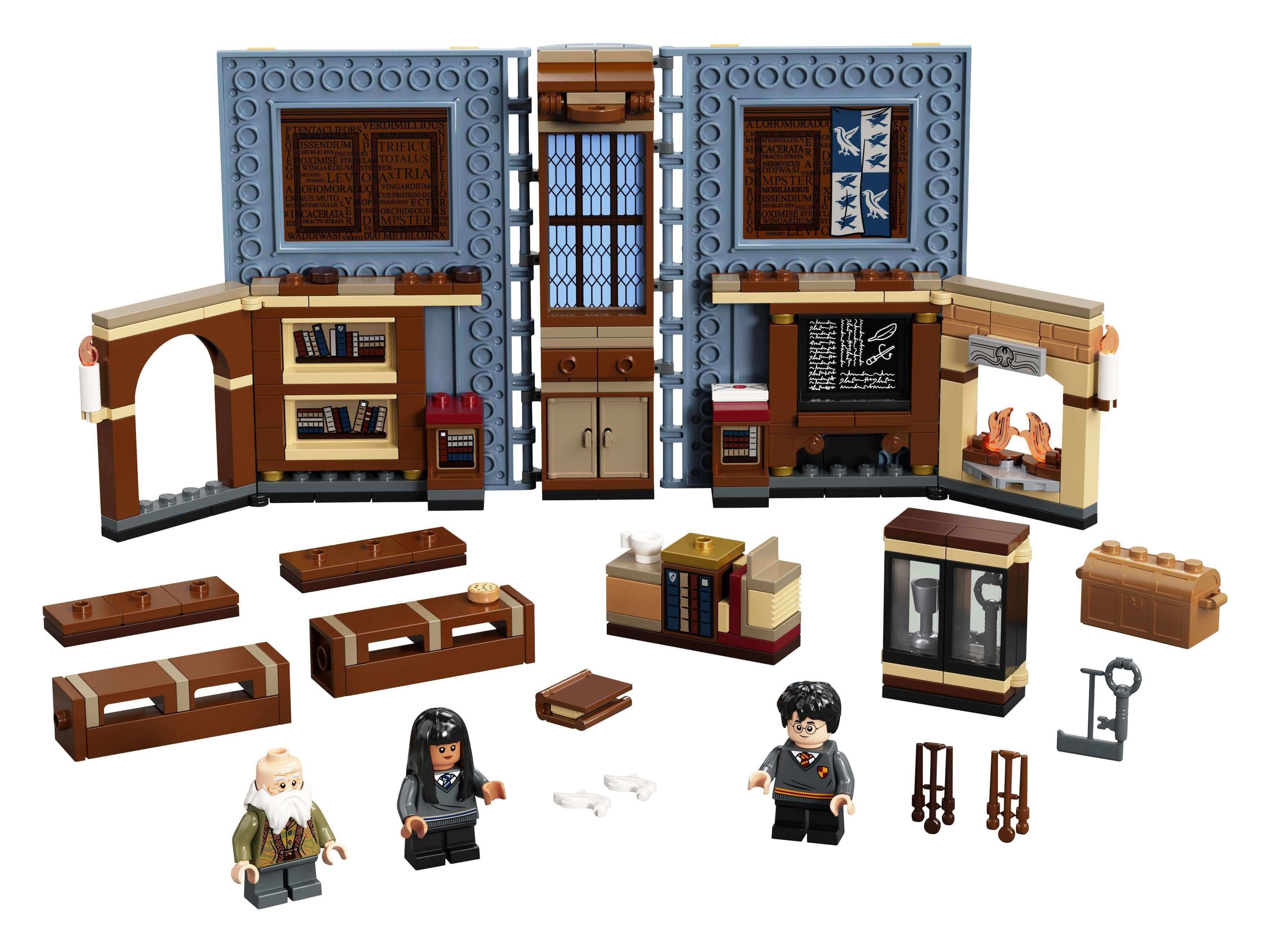 LEGO Harry Potter Hogwarts Charms Class Set 76385 including classroom scene, figures, and magical accessories.