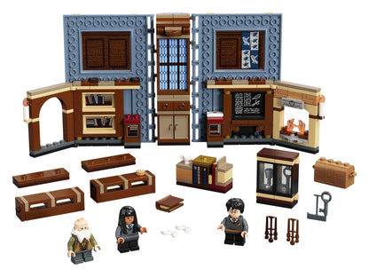 LEGO Harry Potter Hogwarts Charms Class Set 76385 including classroom scene, figures, and magical accessories.